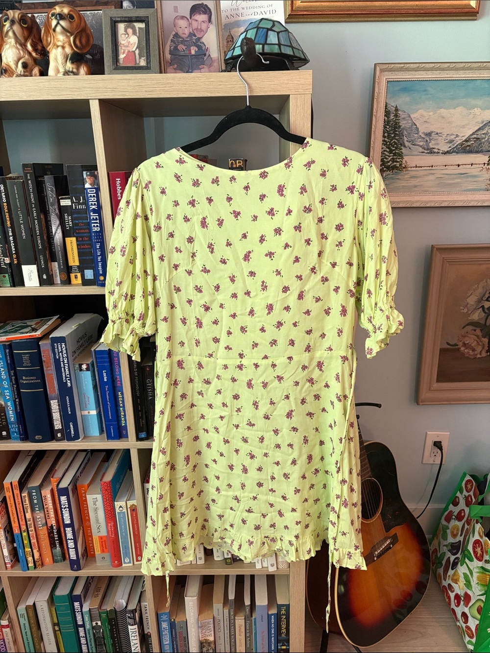 Faithfull the Brand Lime Yellow-Green Mini Dress with Pink Floral Print